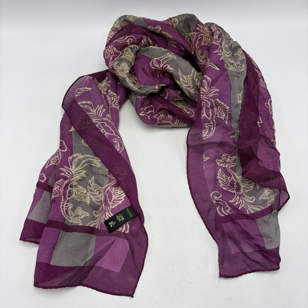 Handmade 100% Silk Scarf Purple Gray Floral Office Career Old Money